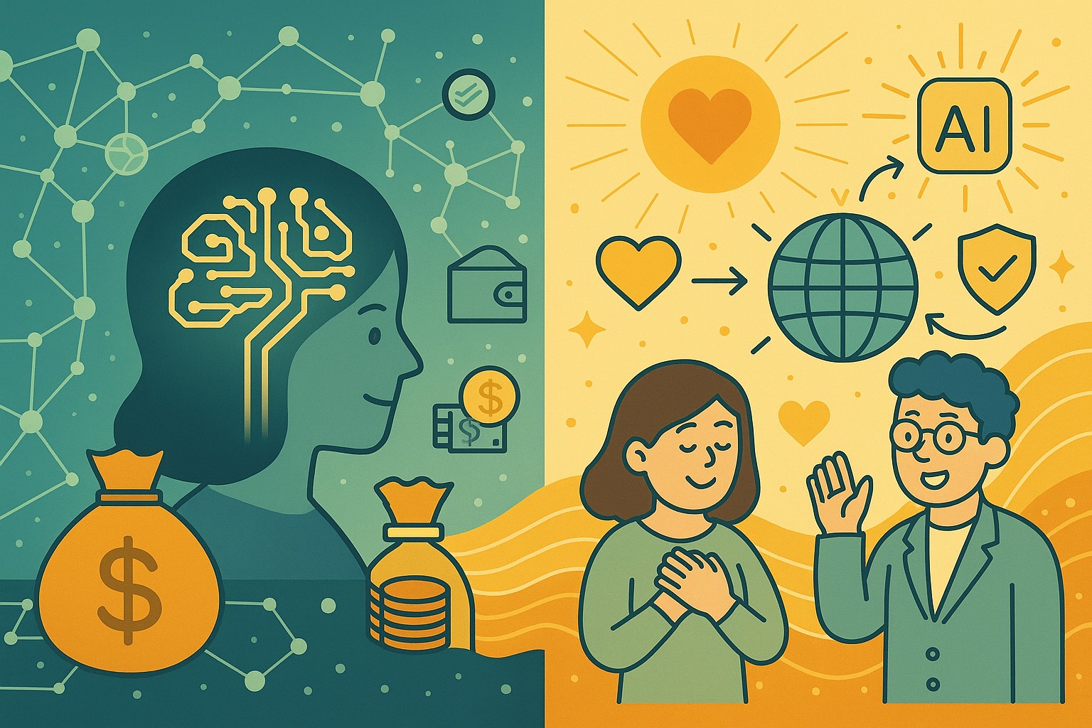 AI社会と信用経済の融合を描いたフラットイラスト。左側にはお金やネットワーク、デジタル構造を象徴する要素、右側には人の信頼・共鳴・光や波を表す穏やかなシーン。ブルーとイエロー基調で、AIと人の温かい調和を表現している。