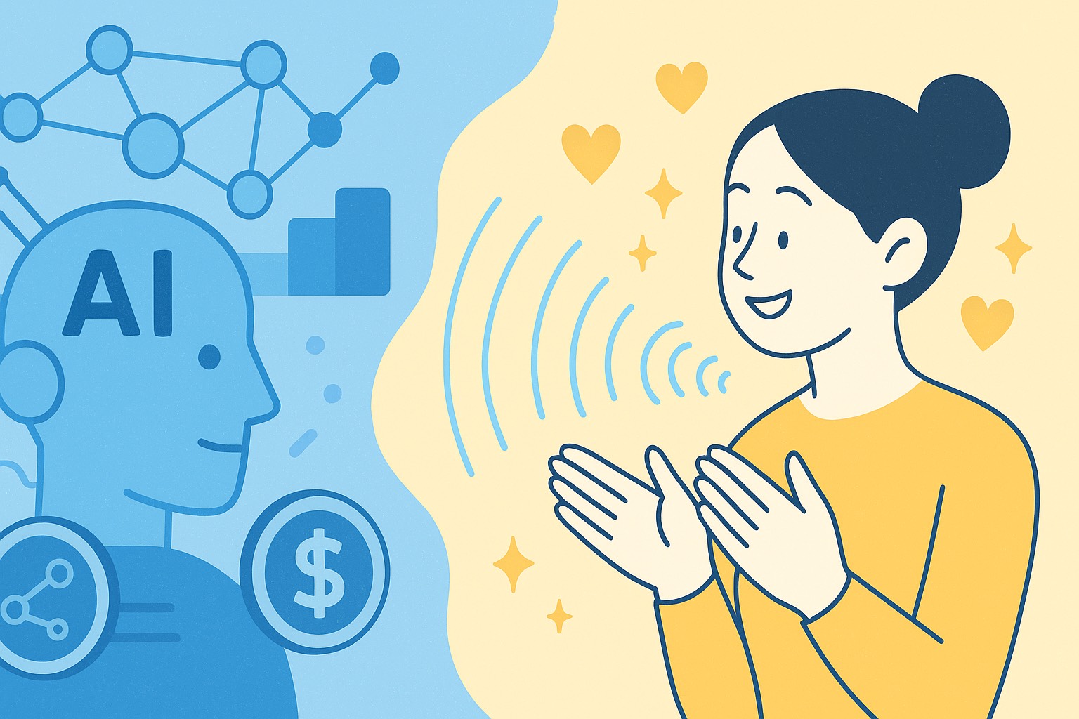 青と黄の穏やかなトーンで描かれたフラットイラスト。 左側には、AI・データネットワーク・お金のアイコンがつながる“デジタル構造”の世界が広がり、情報の流れや信用スコアを象徴している。 右側には、人々が笑顔で向かい合い、手を合わせ、心を通わせる“信頼の循環”が描かれ、柔らかな光や波が全体を包み込む。 ブルー×イエローの配色がAI社会と人間の信頼の共存を象徴し、冷たいテクノロジーと温かい共鳴が一体化した未来のやさしい世界を表現している。 この画像は、「信用波動の5要素」や「AIと人の共創」をテーマに、構造と感情が調和する新しい信用経済の姿を象徴している。