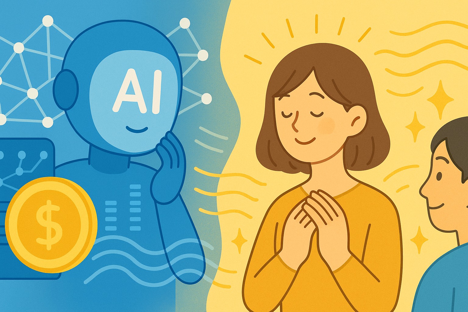 AIと人間の信頼が調和する未来を描いたフラットイラスト。左側には青を基調としたデジタル構造やAI、データネットワーク、仮想通貨などの象徴があり、右側には黄色と柔らかな光の中で人々が温かく交流し、信頼や共鳴の波を交わす姿が描かれている。デジタルと人の世界が対立せず、互いに響き合いながら循環する“やさしいテクノロジー”の時代を表現しており、AI社会におけるSoft Signal＝心の波を通じた信頼の可視化というテーマを象徴する構図。全体はブルー×イエローの穏やかな配色で、AIの冷たさと人の温度がバランス良く共存し、Web5時代の「信用波動」の世界観をやさしく伝えている。