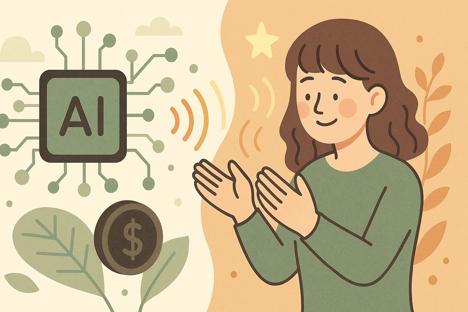 AI社会と人間の信頼が共存する未来を描いたフラットイラスト。左側にはAIやデータネットワーク、お金やテクノロジーなどのデジタル構造を象徴する要素があり、冷たさではなく秩序や仕組みの美しさとして表現されている。右側には、人のあたたかさや共鳴、信頼のつながりを表す光と波のモチーフが広がり、人と人、AIと人のあいだに優しい循環が生まれている。全体は柔らかい線と自然な色合いで描かれ、テクノロジーと感情の調和、構造と波動のバランスが感じられる穏やかな世界観。AIが数値化できない“やさしさの波”を見守るように、左の構造と右の共鳴が静かにひとつに溶け合っている。