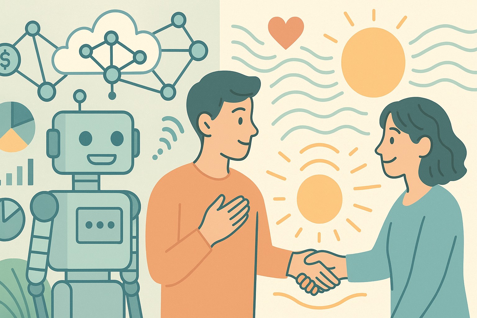 AIと人の心が調和して共存する未来を描いたフラットイラスト。左側にはAIやデータネットワーク、デジタル構造を象徴する抽象的な図形や回路が描かれ、冷たさの中にも秩序と知性が漂う。一方、右側には人と人が共鳴し、あたたかい光と波の循環の中で信頼や想いを交わす様子がやわらかな線で表現されている。全体はテクノロジーの理性と人の感性がバランスよく共存する世界観で構成され、「構造（左）」と「波動（右）」が静かに呼応し合う調和のビジュアル。AIが整えた仕組みの中に、人間の意図とやさしさが流れる“右脳型思想設計”の未来を象徴する。