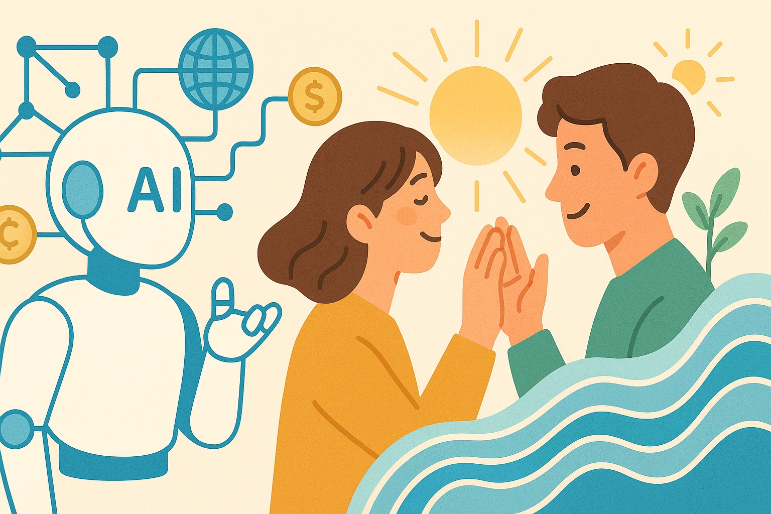 未来のWeb5社会を象徴するハイブリッドイラスト。 左側にはAI・データネットワーク・通貨フローなどの“デジタル構造”が描かれ、 冷たいテクノロジーの中にも整然とした秩序と流れが感じられる。 右側には人々の信頼や共鳴、あたたかい交流の光、波紋のように広がるエネルギーが表現され、 “人間のぬくもり”と“AIの構造”がひとつの世界で調和している様子が伝わる。 全体はやわらかい線と自然な配色でまとめられ、 デジタルと感情、構造と波動、理性と共感が融合する“未来のやさしい世界”を象徴している。 AI社会の中で「見えない価値＝信頼や意図の波」が可視化され、 人とテクノロジーが共に信頼の循環をつくっていく——そんな静かな共鳴の瞬間を感じさせる構図。