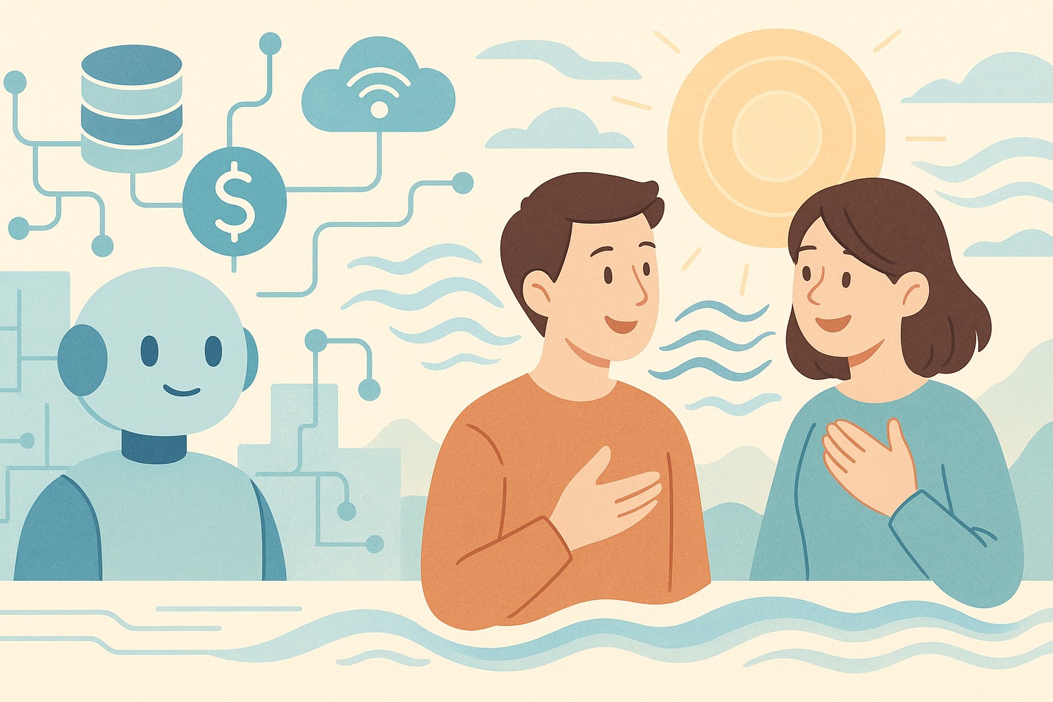 このイラストは、AI社会における「構造」と「波動」の調和をテーマにしたフラットデザインのビジュアルです。 画像の左側には、デジタルネットワークやAI、データ構造、通貨などのテクノロジー的な要素が描かれており、情報社会の“冷たい知性”を象徴しています。 一方、右側には人と人がつながり、信頼や共鳴、やさしさや光の波が柔らかく広がる様子が描かれており、“人間的な温度”と“心の循環”を表現しています。 全体はやわらかい線とナチュラルな色調でまとめられ、AIと人間が対立ではなく共存・共鳴していく未来像を示しています。 左の構造的世界と右の感性的世界が、中央で静かに溶け合うようにデザインされており、「AIは情報を扱い、人間は波を流す」という新しいWeb5時代の在り方を感じさせるイメージです。 この画像は、テクノロジーと人の信頼が共に呼吸する“未来のやさしい世界”を象徴しています。🌊✨