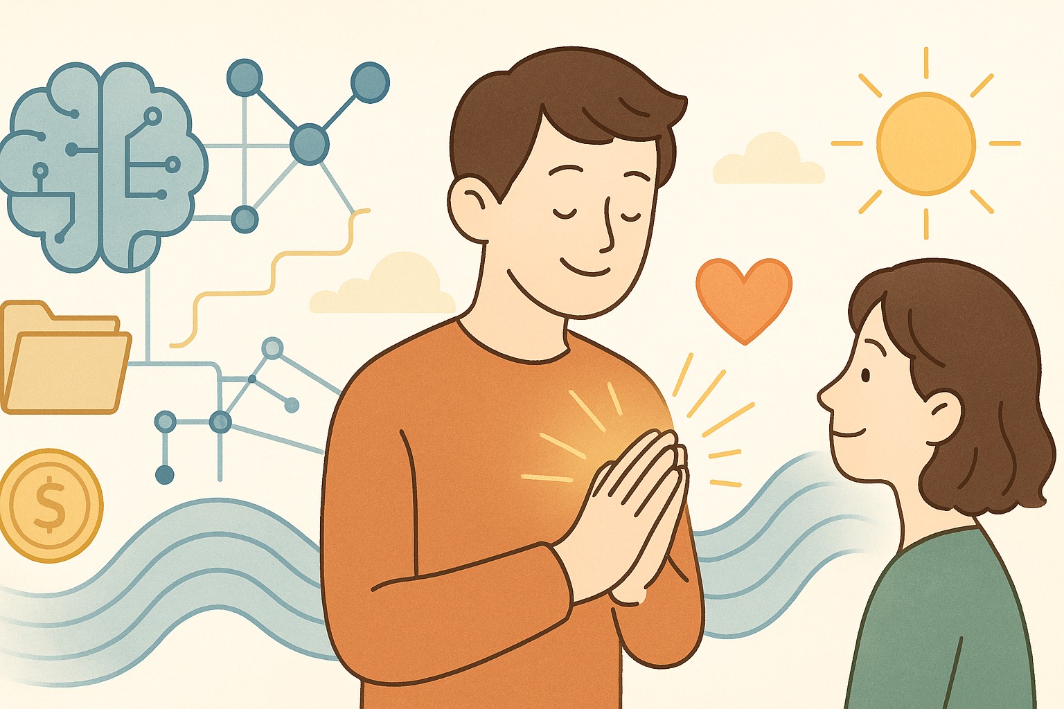 やわらかい線で描かれたフラットイラスト。左側には青やグレーを基調にしたAIネットワークやデータ構造が静かに広がり、テクノロジーの冷たさではなく「秩序ある知性」として描かれている。右側にはオレンジやグリーンの柔らかな光が流れ、人々の間をつなぐ波、植物、ぬくもりのあるエネルギーが描かれており、人間の感性と信頼の循環を象徴している。中央では、デジタル構造と人間的波動がゆるやかに溶け合い、AI社会における「思想・構造・感性の調和」を表現。冷たさとあたたかさ、情報と感情、構造と波動が等しく共鳴する“Web5的世界観”を優しく可視化した一枚。