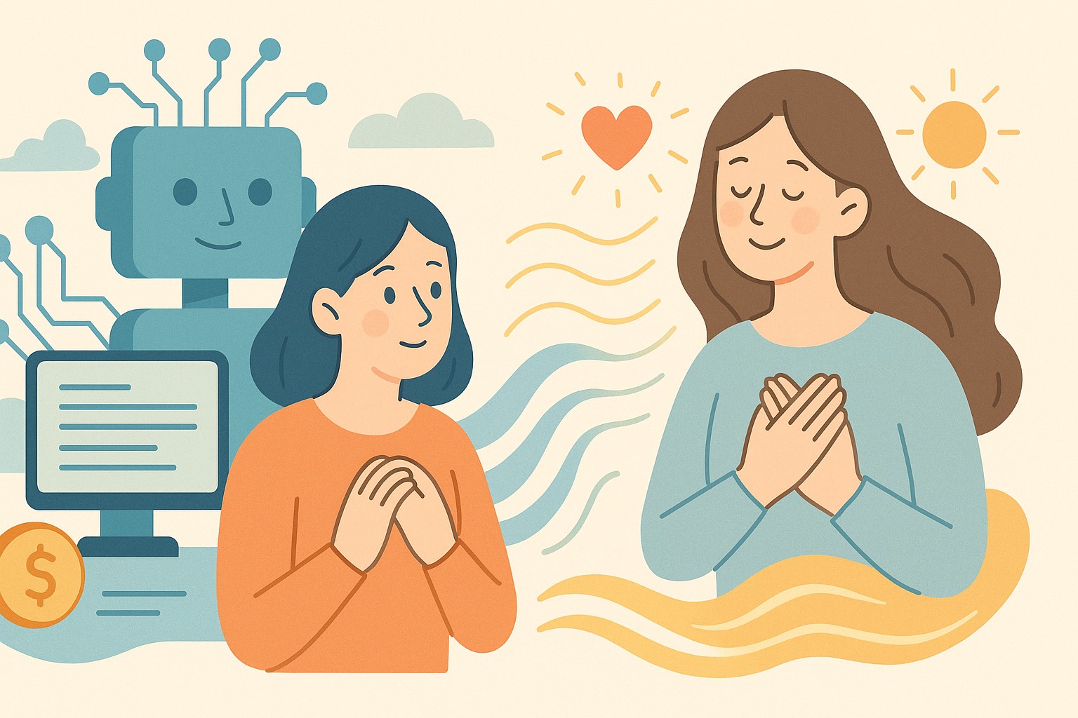 やさしいフラットイラストで描かれた、デジタル構造と人のぬくもりが共存する未来の世界。画像の左側には、AI・ネットワーク・データの流れなどを象徴する幾何学的な要素が静かに配置され、情報社会の秩序や構造を表している。右側には、人の信頼や共鳴をイメージした柔らかな光や波のモチーフが描かれ、あたたかい交流と感情の循環を感じさせる。両者の間には冷たさと温かさが穏やかに溶け合い、AI社会における「整う」「共鳴」「意図の透明度」というテーマが視覚的に表現されている。全体のトーンは淡く、自然なグラデーションと柔らかな線が調和し、「構造」と「波動」がひとつのやさしい世界として共鳴している印象を与える。