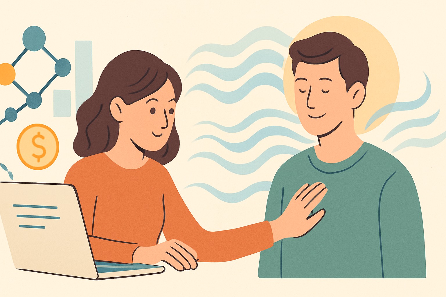 やわらかい線で描かれたフラットイラスト。 左側にはAI・データ・ネットワークなどのデジタル構造を象徴する要素が静かに並び、整った流れを表している。 右側には人の信頼や共鳴、光や波のようなやさしいエネルギーが広がり、人とAIが調和している様子を表現。 全体は冷たさとあたたかさのバランスが取れた自然な色合いで、Web5時代の「構造」と「波動」が共鳴している世界観を描いている。 データの正確さと、人の心のあたたかさがひとつの波として流れ、AIと人の共存・共鳴を感じさせるイラスト。 言葉ではなく“波”で伝わる時代の、やさしく整ったエネルギーを象徴している。