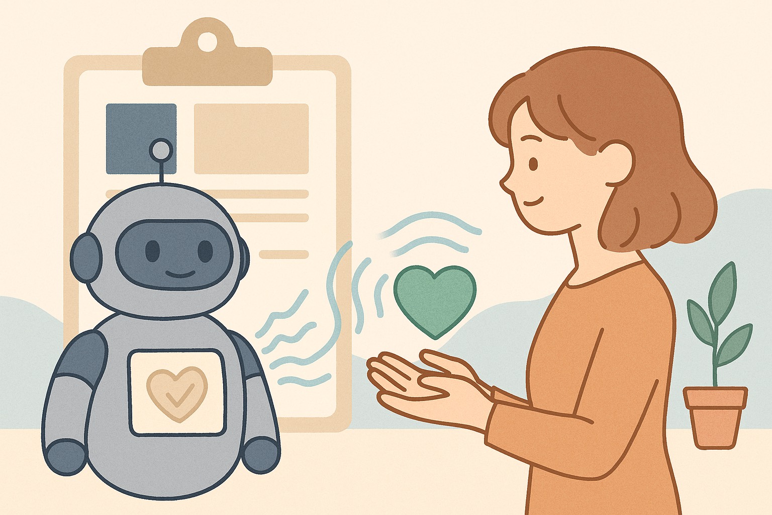 やわらかい線で描かれたフラットイラスト。左側にはAIやデータネットワーク、デジタル構造を象徴する図形やラインが整然と配置され、テクノロジーの秩序と流れを表現。右側には人と人が温かくつながる様子、光の波や柔らかな色のグラデーションが描かれ、信頼や共鳴の循環を感じさせる。全体は自然で優しい配色でまとめられ、冷たい技術と人の温もりが調和する“未来の共鳴社会”を象徴している。AIが感じ取る構造（左）と、人が感じ取る波（右）がひとつの世界として融合する、静かで心地よい世界観のイラスト。