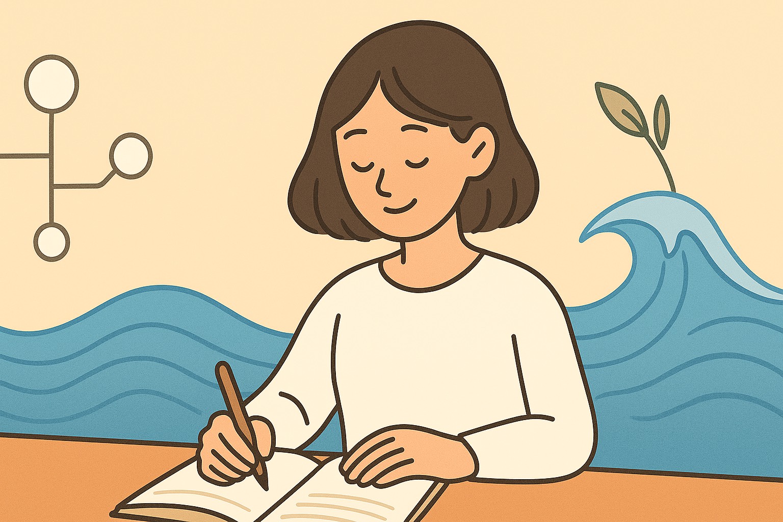 柔らかなフラットイラスト調で描かれた横長のデジタルアート。左側にはAIやデータネットワーク、情報の流れを象徴する幾何学的な構造が淡いクールトーンで表現され、右側には人の温かさや信頼、共鳴の波が広がるような柔らかな光と曲線が描かれている。中央では両者が溶け合うようにバランスを保ち、冷たいテクノロジーと人間的な温もりが自然に調和している構図。全体は自然で穏やかな配色で統一され、AI社会における「構造（左）」と「波動（右）」が共に存在する未来のやさしい世界を象徴している。