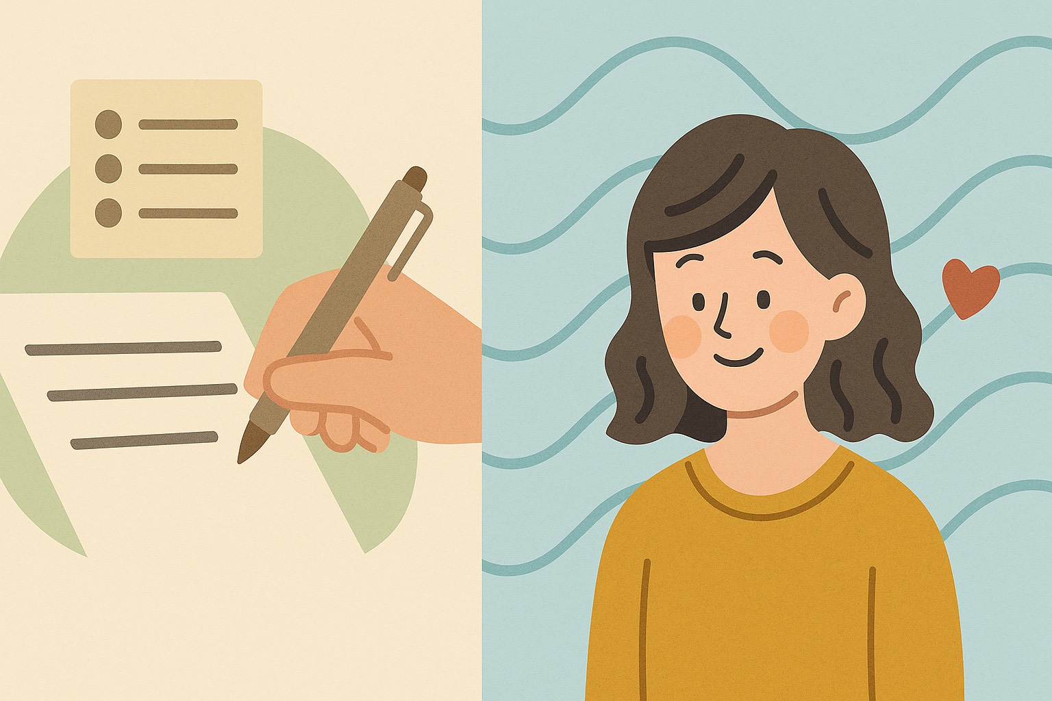 左側には“構造を整える書き手”を象徴するイラストが描かれており、柔らかな線で描かれた手がペンで文章を書いている。背景には落ち着いたベージュと淡い緑の色調が広がり、チェックリストのようなアイコンが浮かび、Web5的な“情報の流路（構造）”を表現している。 右側には、あたたかな表情をした女性が描かれ、淡い水色の背景に波紋のようなラインが流れている。女性のそばには小さなハートが浮かび、“整った波・共鳴・意図の静けさ”を象徴している。 画像全体はフラットイラスト調で、冷たいテクノロジー（構造）と人間の温度（波動）が左右で調和するように配置され、Web5時代の発信における“構造×波動＝共鳴文章”というコンセプトを、あたたかい雰囲気でやさしく視覚化している。