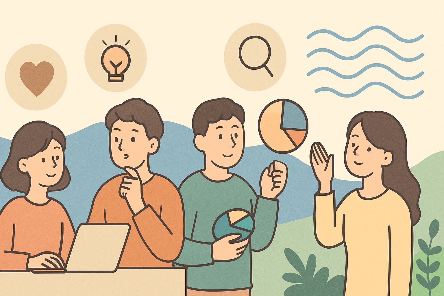 このイラストは、**Web5的「相手の波を動かす4軸（感受・創造・分析・実行）」**を、やわらかいフラットタッチで表現した構成。 全体は横長（1280×670）で、左側から右側へ “構造 → 波動” へ流れていくようにデザインされ、視線の流れ自体が「波の移動」を感じさせる。 左にはノートPCに向かう女性がいて、彼女の頭上には“感受軸”を象徴するブラウンのハートが浮かんでいる。 その隣には、「創造軸」を示すひらめきのアイコン（電球）が頭上にある男性。彼は未来を思案するような表情をしている。 中央には、円グラフを手に持った男性がいて、彼の頭上には“分析軸”を象徴する虫眼鏡アイコンがあり、（相手の波のどこが詰まっているか）を丁寧に見極める姿勢を示している。 そして右側には、柔らかく手を上げた女性が立ち、彼女の周囲には“実行軸”を表す複数の波線が広がっている。この波線は「相手の内側が自然に動き出す瞬間」「波が広がる余波（after-wave）」を象徴し、イラスト全体の締めとして穏やかな広がりを与えている。 背景には淡いブルーとグリーンで描かれた地形と植物が並び、4軸の違いを自然に統合する“ハイブリッドな調和の場”をつくっている。 色調は全体的にやわらかく、情報・構造・波動が衝突せず共鳴する空気感となっている。 文章のテーマである 「相手の波を尊重しながら、静かに動きを生む関わり」 を、そのまま視覚に落とし込んだような、やさしい波動を帯びたイラストになっている。