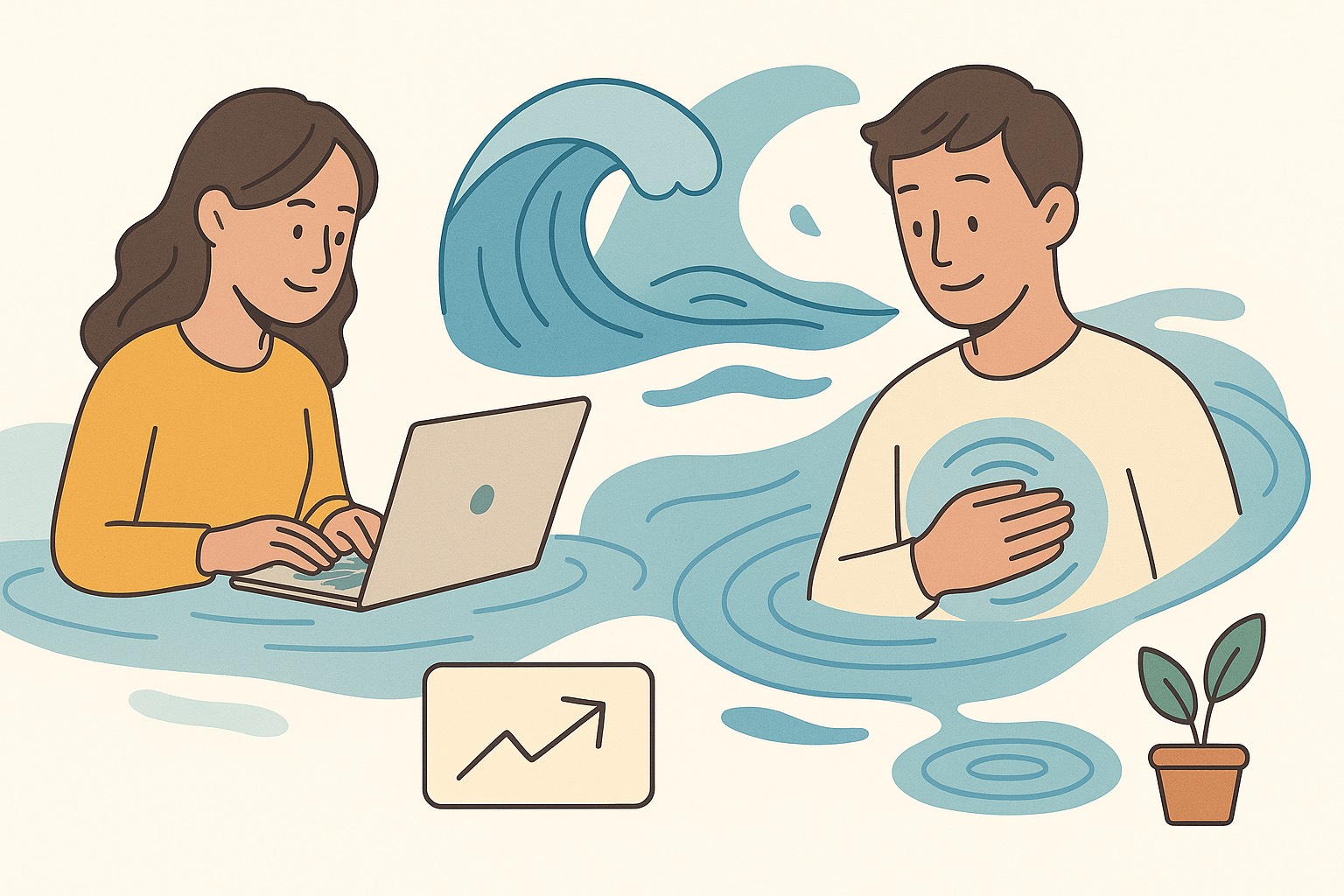 外的アクションと内的アクションの“波”が同時に存在する様子をやわらかいフラットイラストで表現した画像。左側には、落ち着いた表情でノートPCに向かう女性が描かれ、彼女の周囲にはデジタル的な水流や情報の広がりを象徴する青い波紋が静かに広がっている。これは“外に向かう行動＝外的アクション”を表し、投稿・発信・実行の広がりをイメージさせる。一方、右側には胸に手を当てて穏やかに自分の内側を感じている男性が描かれ、胸元からは内的アクションを示すやわらかな渦の波がゆっくりと広がっている。二人のあいだには、外の動きと内側の揺れが重なり合う“共鳴”を象徴する大きな波が配置され、画像全体が外側の変化と内側の深い揺れが互いに影響しあいながら一つの流れになる世界観で統一されている。背景や色合いは淡く、安心感とやわらかい共鳴を感じさせるトーンで描かれ、Web5的な“行動の質は波の重なりで決まる”というニュアンスが視覚的に伝わる構成になっている。
