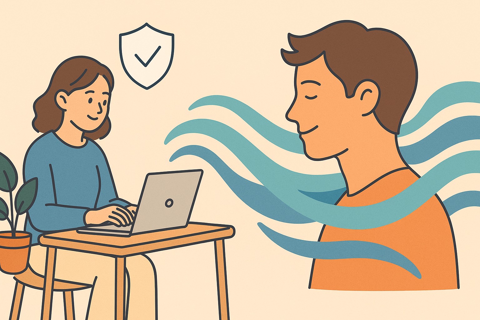 左側ではノートPCに向かって静かに文章を書く女性が描かれており、背景には淡いベージュを基調としたやわらかい色調が広がっている。女性のまわりには観葉植物とシンプルな机が配置され、落ち着いた“意図の波”が整っていることを示すような雰囲気が漂う。右側には男性の横顔が大きく描かれ、女性から流れていくように青とティールの柔らかい波が彼へ向かって広がり、文章の“伝達のゆらぎ”や“共鳴の余波”を象徴している。男性は目を閉じて穏やかに受け取る表情をしており、行動ではなく“内的アクション（心の揺れ）”が静かに起きている様子を表現している。全体は温かいフラットイラスト調で統一され、Web5的な『構造（左の情報）と波動（右の共鳴）』が1枚の中で調和して描かれている。文字情報は一切なく、構造と波のバランスが視覚的に理解できるOGPデザイン。