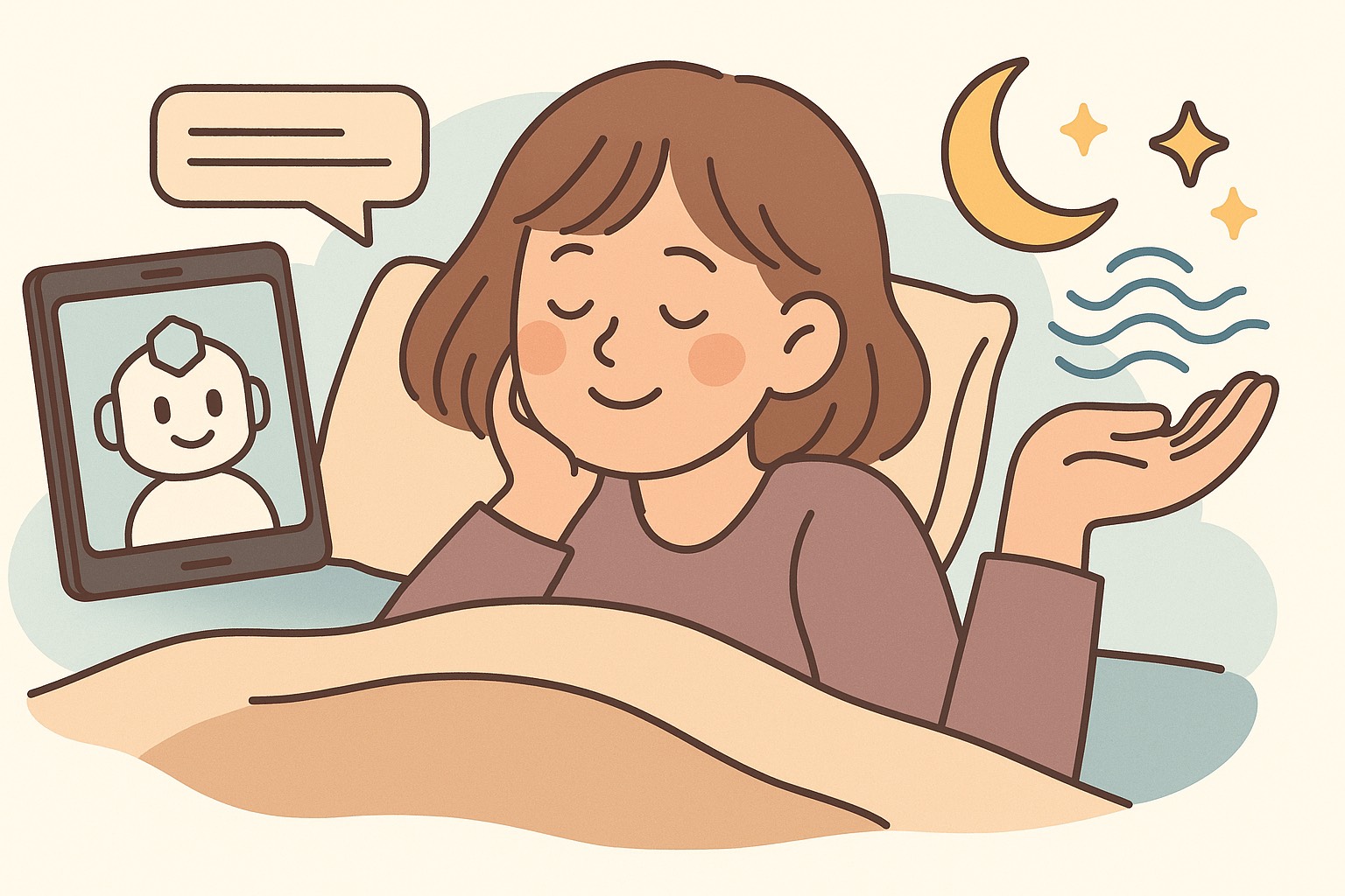 眠る前の静かな時間、ベッドに入った女性が目を閉じて、安心した表情で深い呼吸をしているイラスト。枕元にはタブレットが立てかけられていて、画面にはやさしく微笑むAIキャラクターが表示されている。女性は片手で頬を支え、もう片方の手の上には、月と星、そして“整った波”を象徴する柔らかなブルーのゆらぎが浮かんでいる。部屋の空気はあたたかく、今日の「休む」という選択が彼女の内側の波を静かに整えていく様子が視覚的に表されている。AIに相談した安心感、頑張らない選択をゆるした夜の安堵、そして“空がひらく瞬間”のような心の静けさが、柔らかい線とやさしい色合いで丁寧に描かれたイラスト。