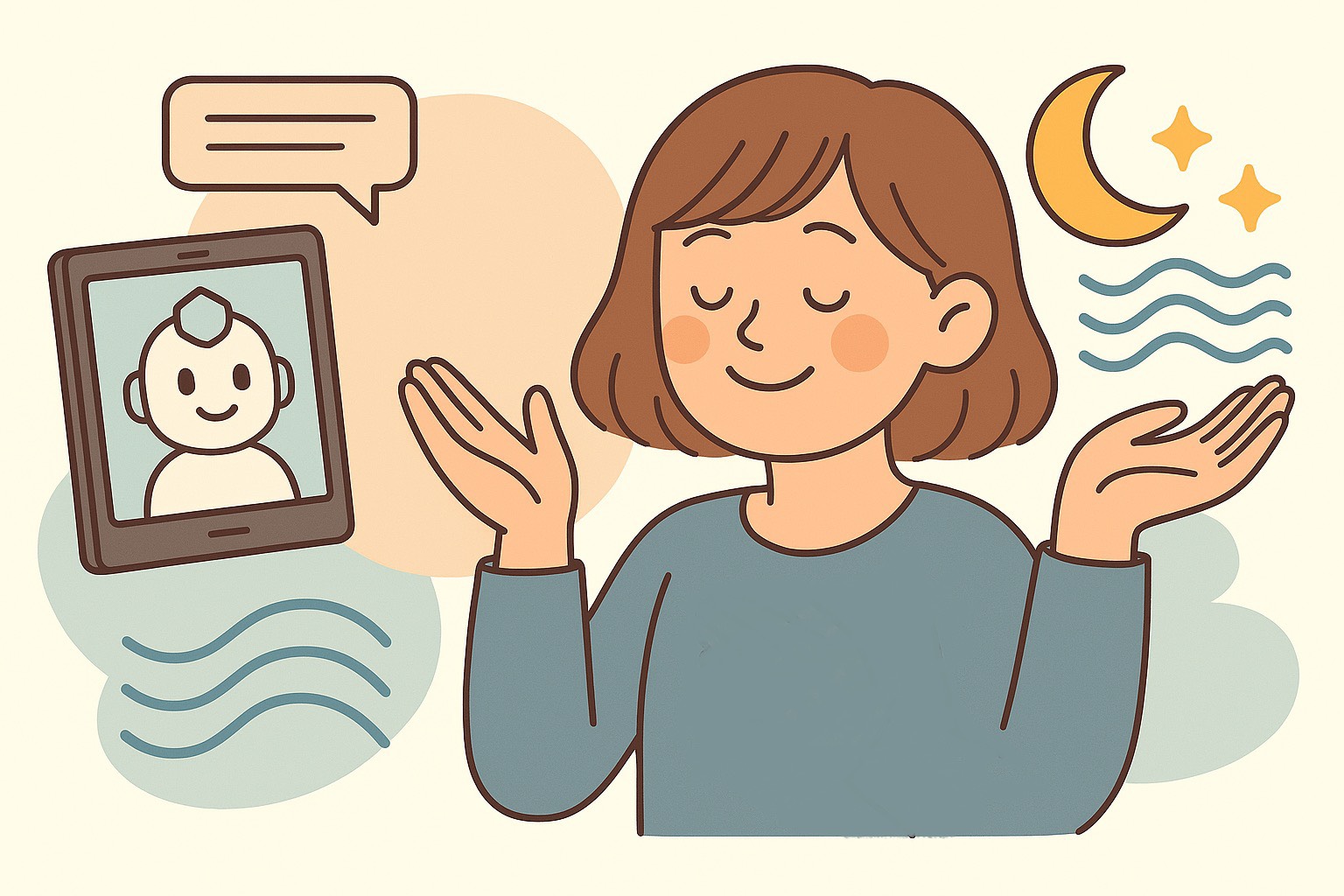 柔らかな色合いで描かれたフラットイラスト。画面中央には、ベッドに横たわりながら目を閉じ、安心したように微笑む女性がいる。表情はやわらかく、今日という一日をそっと手放しているような静けさをまとっている。左側にはタブレットが立てかけられ、優しい表情のAIキャラクターが映っていて、まるで彼女を見守るように寄り添っている。タブレットの上には、言葉そのものではなく“会話の余白”を象徴するような吹き出しがゆるやかに浮かび、やさしい対話の空気が広がっている。右側には月と星のモチーフ、そして静かに揺れる波のラインが描かれ、女性の内側の波が落ち着き、夜の安心感に包まれていく様子を象徴している。全体はシンプルで温かい線で構成され、情報や義務から離れ、ただ自分の波に正直でいる“休むという選択のやさしさ”が視覚的に伝わる構図になっている。このイラスト全体が、無理に頑張るよりも、今の波を受け入れることが未来の透明さをつくっていくというメッセージと響き合うように設計されている。