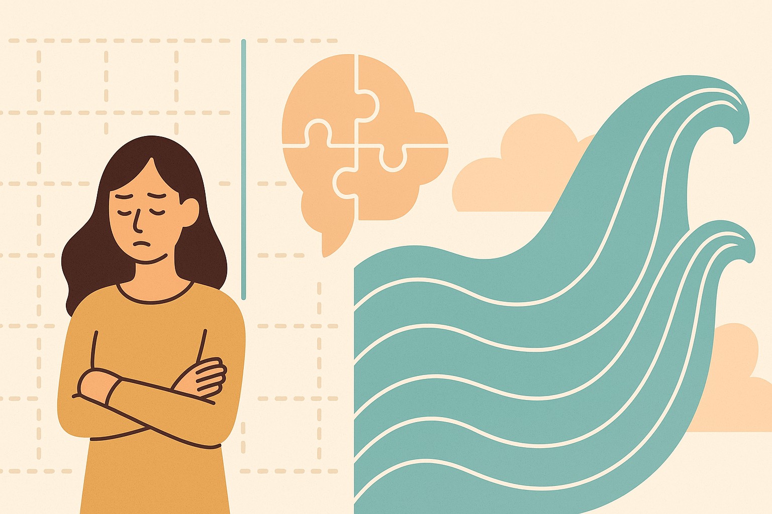 左側には『思考による波の停滞』を象徴する静止した線や固まったアイコンが配置され、現金的・構造的な世界を示す。右側には『感情が流れ始める瞬間』を描いた柔らかい色調の波線と、人の胸から広がるあたたかい光のイラスト。中央には“思考がフタをしていた波が、認められた瞬間にふっと動き出す”過程がやさしいタッチでつながれており、整えるとは感情を消すのではなく、流れる道を戻してあげる行為であることを視覚的に表現したハイブリッド構図。