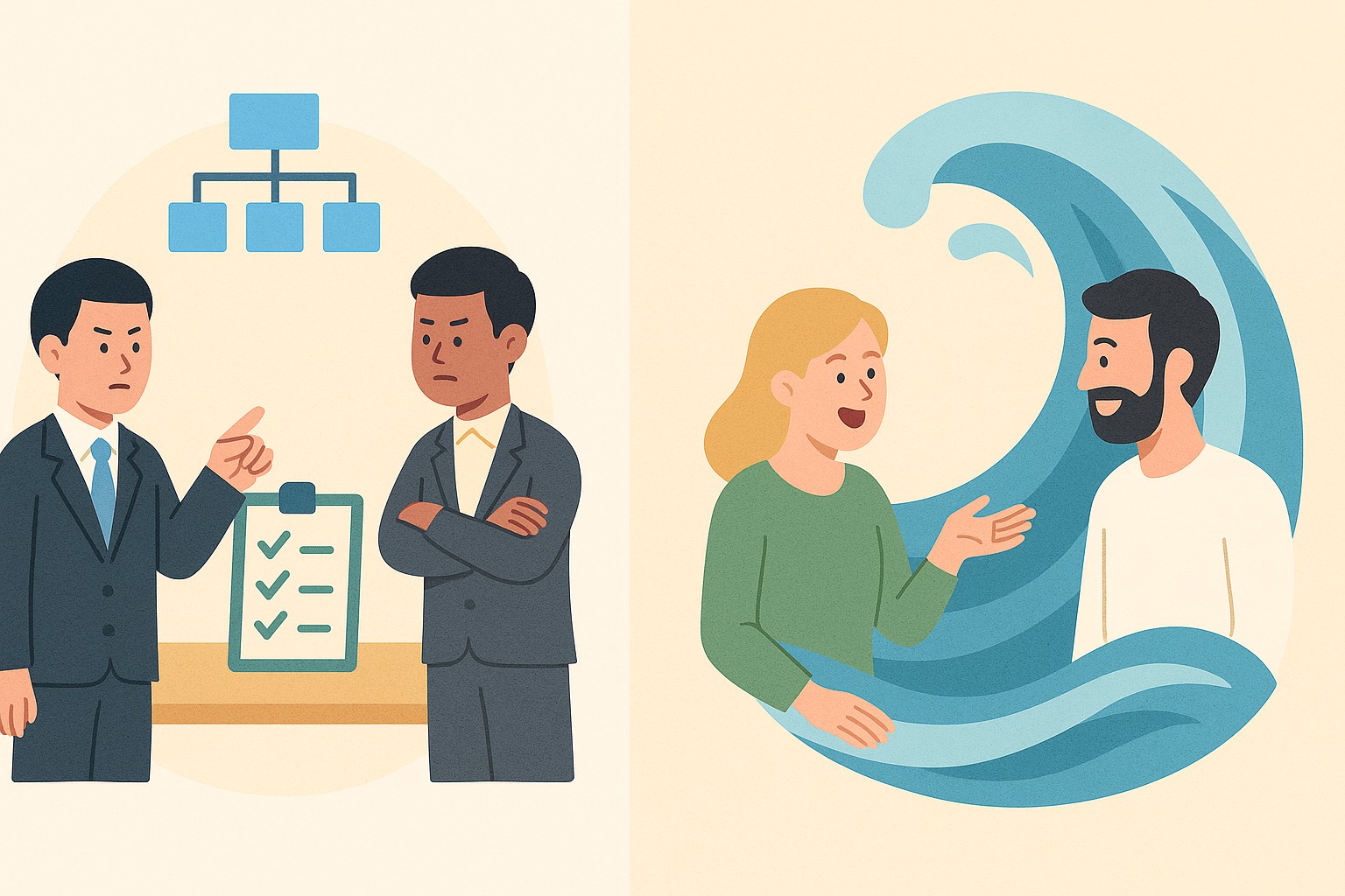 やわらかいフラットイラスト調の横長画像で、左側には「構造」を象徴する穏やかな図形や枠組みがゆるく配置され、右側には「波動・共鳴」をイメージした柔らかい揺らぎや光の粒が広がっている。中央には、温かい色合いで描かれた人物が、緊張した表情ではなくリラックスした姿勢で立っており、“3次元の条件的なつながり”から“5次元の自然体で合う関係性”へ移動していく空気感がやわらかく伝わる構図。全体の配色は自然なトーンで統一され、左右の世界が対立ではなく調和して溶け合うようにデザインされており、「評価でつながる時代の終わり」と「波動で合う人が残る時代のはじまり」のニュアンスが静かに感じられる。文字は入っておらず、場の雰囲気そのものが記事のテーマとリンクするOGP画像。